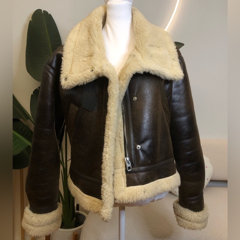 SHEIN Brown Faux Leather Aviator Jacket with Cream Shearling Trim
